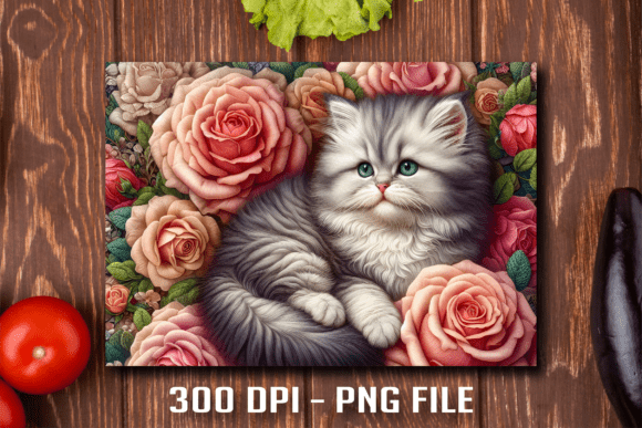Charming Kitchen Art: The Fluffy Cat Pink Rose Cutting Board